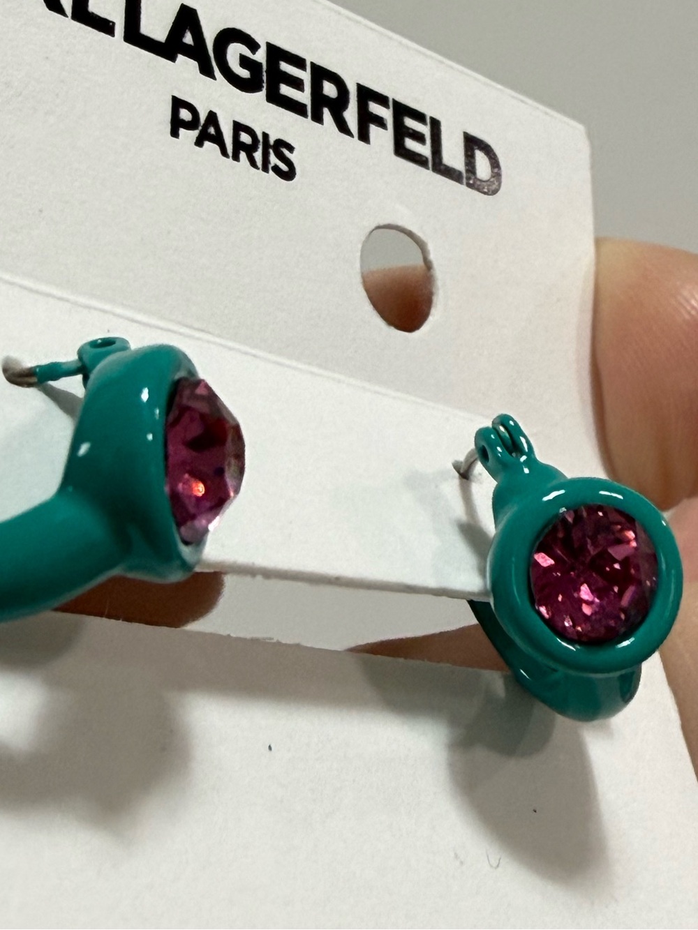 Karl Lagerfeld Teal Hoop Earrings with Pink Crystal Centers - Picture 2 of 2
